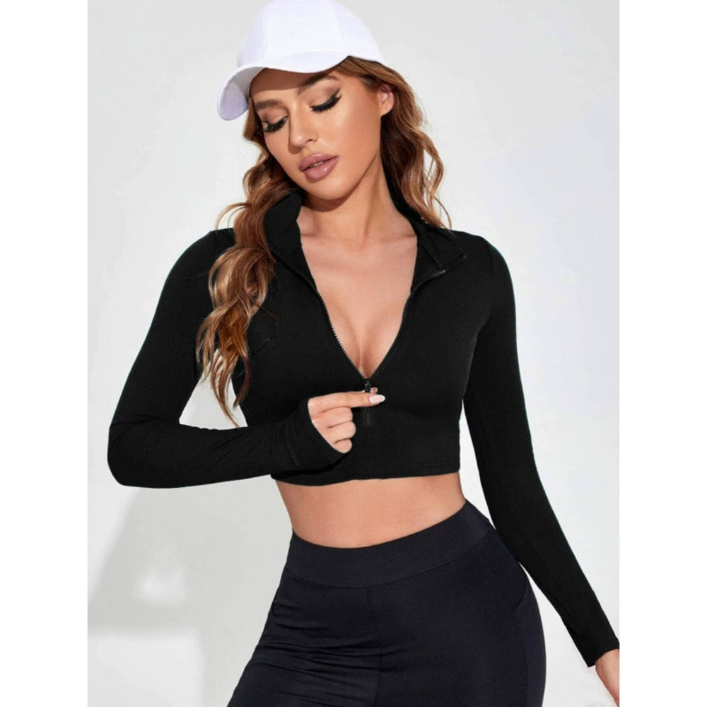 ZARA Spring Summer Commuter Slim Deep V Neck Sexy Black Zipper Short T Shirt